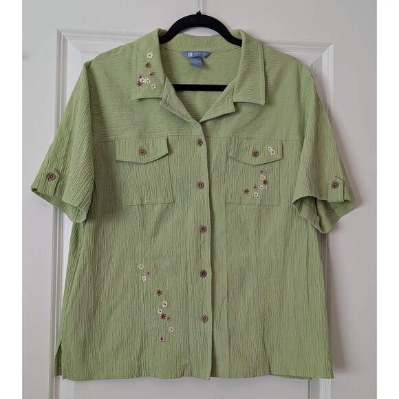 Koret Light Green Textured Button Front Floral Embroidered Beaded Shirt Size XL - Picture 2 of 11